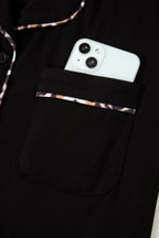 Black Leopard Patchwork Trim Lapel Shirt Drawstring Shorts 2pcs Pajama Set