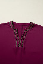 Red Dahlia Contrast Leopard Trim V Neck Short Sleeve Blouse