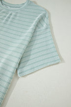 Striped Raised Rib Loose Tee Drawstring Elastic Waist 2pcs Short Set