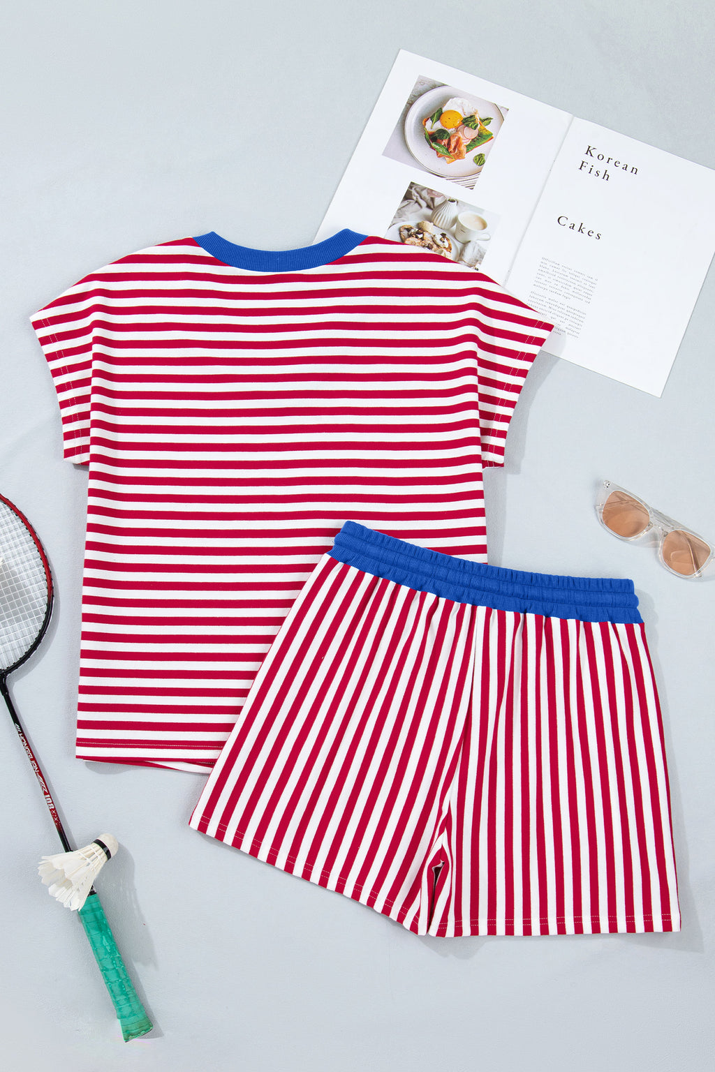 Green Stripe Colorblock Trim V Neck Tee Drawstring Elastic Waist Short Set