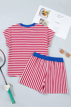 Green Stripe Colorblock Trim V Neck Tee Drawstring Elastic Waist Short Set