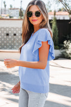 Solid Color Ribbed Trim Round Neck Ruffle Short Sleeve Sweater