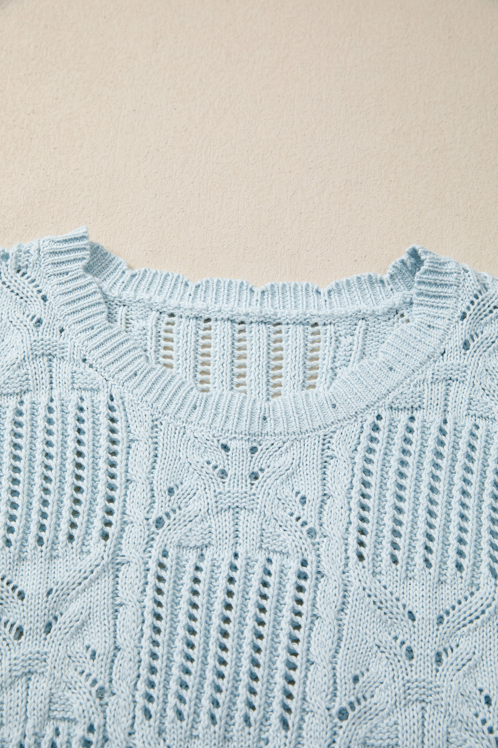 Pointelle Knit Patterned Scalloped Trim Short Sleeve Sweater