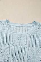 Pointelle Knit Patterned Scalloped Trim Short Sleeve Sweater