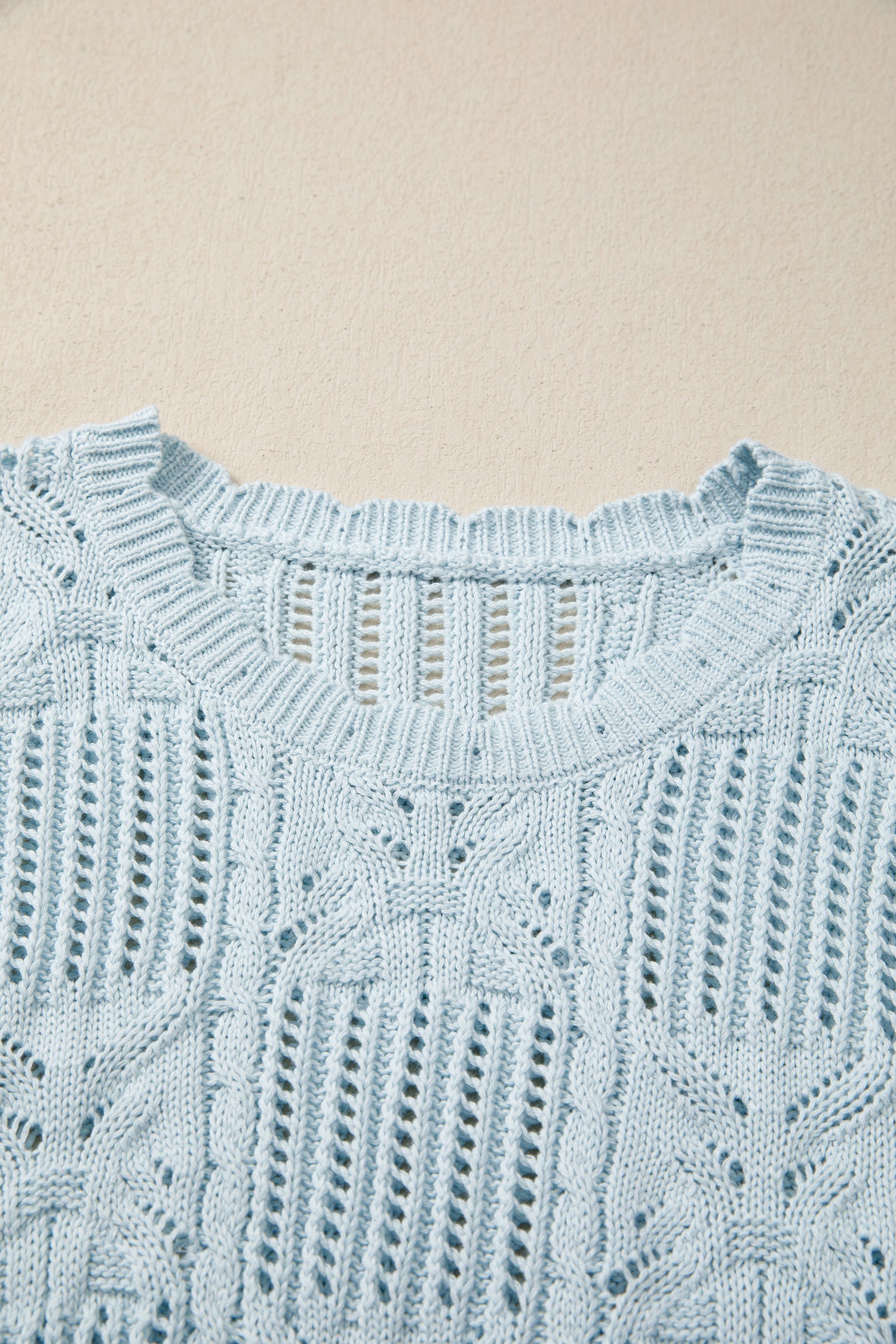 Pointelle Knit Patterned Scalloped Trim Short Sleeve Sweater