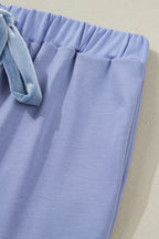 Beau Blue Flounce Long Sleeve Top Drawstring Pants Contrast Velvet Bow Knot 2pcs Lounge Set