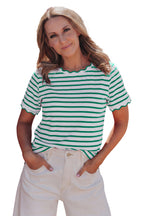 Striped Scalloped Trim Round Neck T Shirt