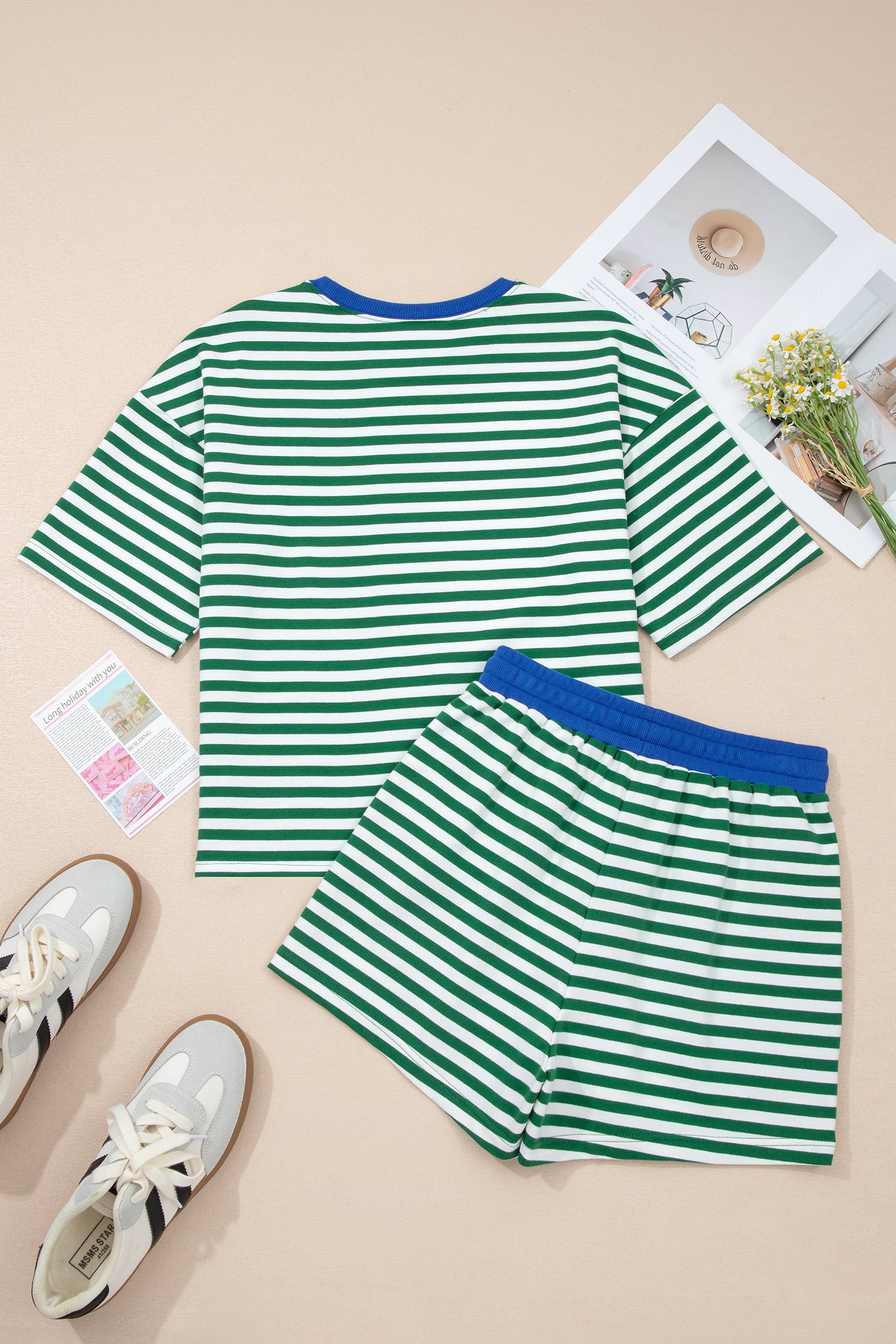 Striped Drop Shoulder Boxy Casual Terry Short Set