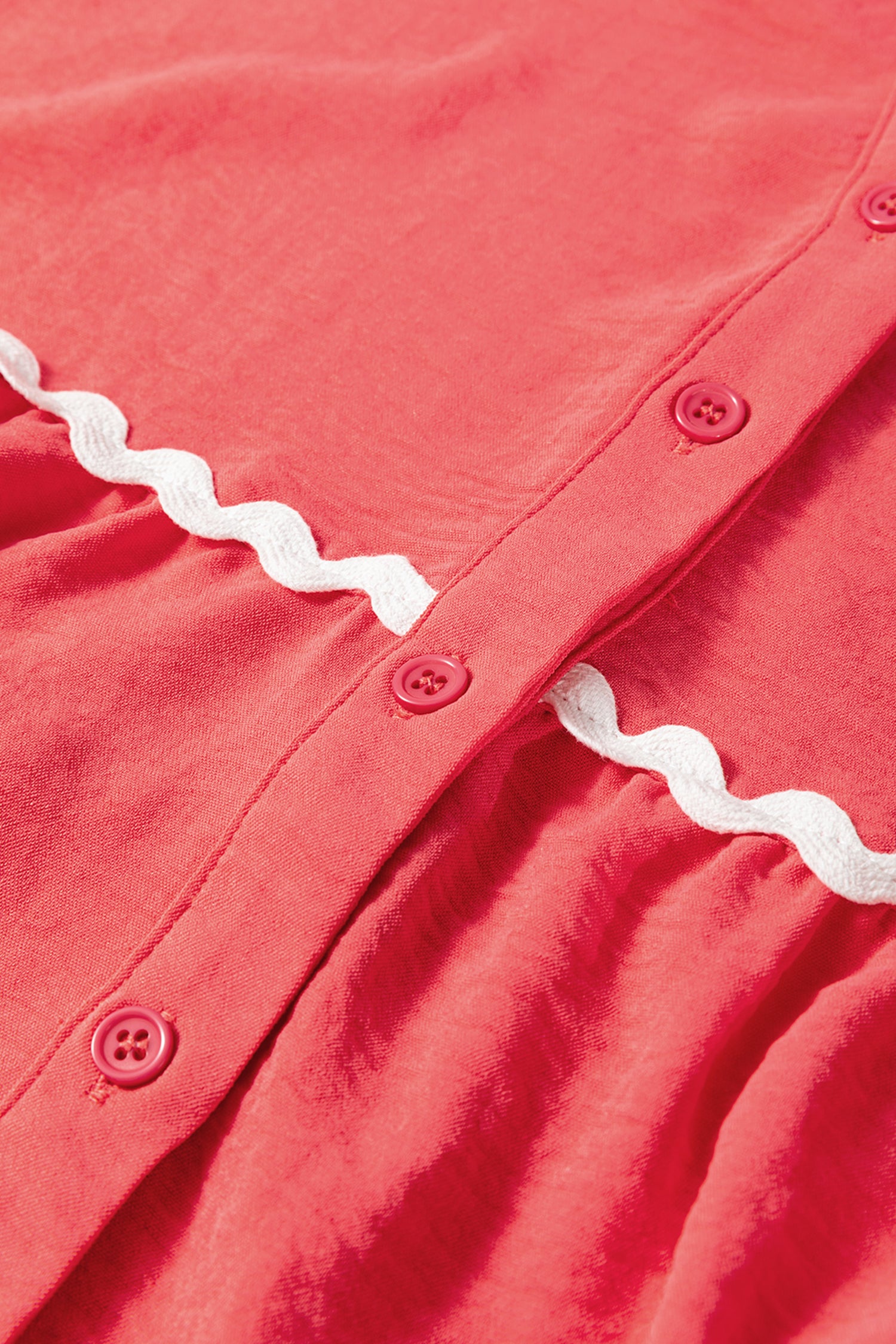 Coral Contrast Ricrac Trim V Neck Button Down Long Sleeve Shirt