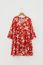 Boho Floral Print Lettuce Trim 3/4 Sleeve Mini Dress