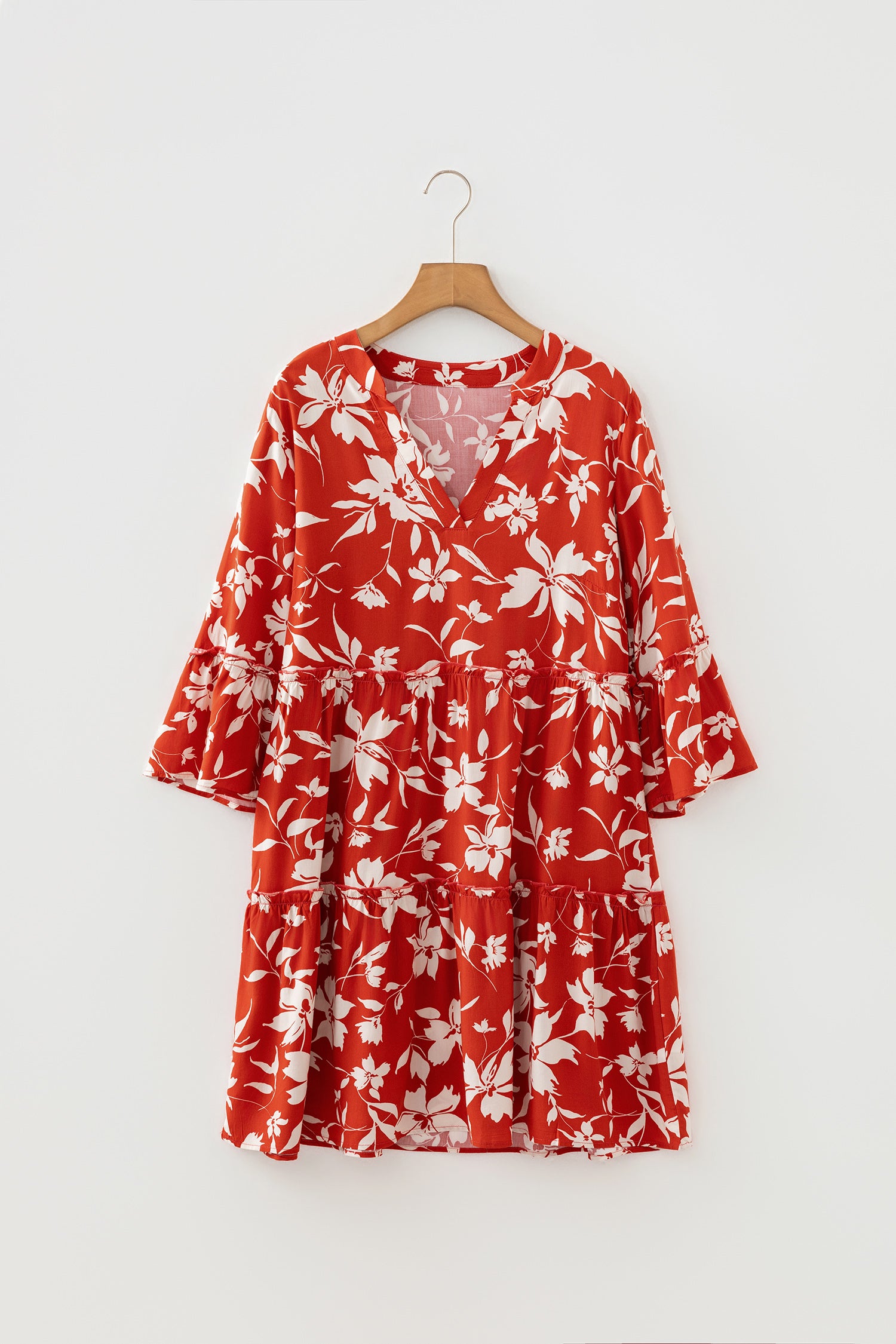 Boho Floral Print Lettuce Trim 3/4 Sleeve Mini Dress