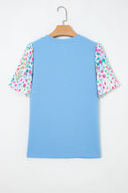 Light Blue Round Neck Textured Contrast Floral Bubble Sleeve Blouse