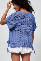Plus Size Open Knit Bow Tie Short Sleeve Sweater