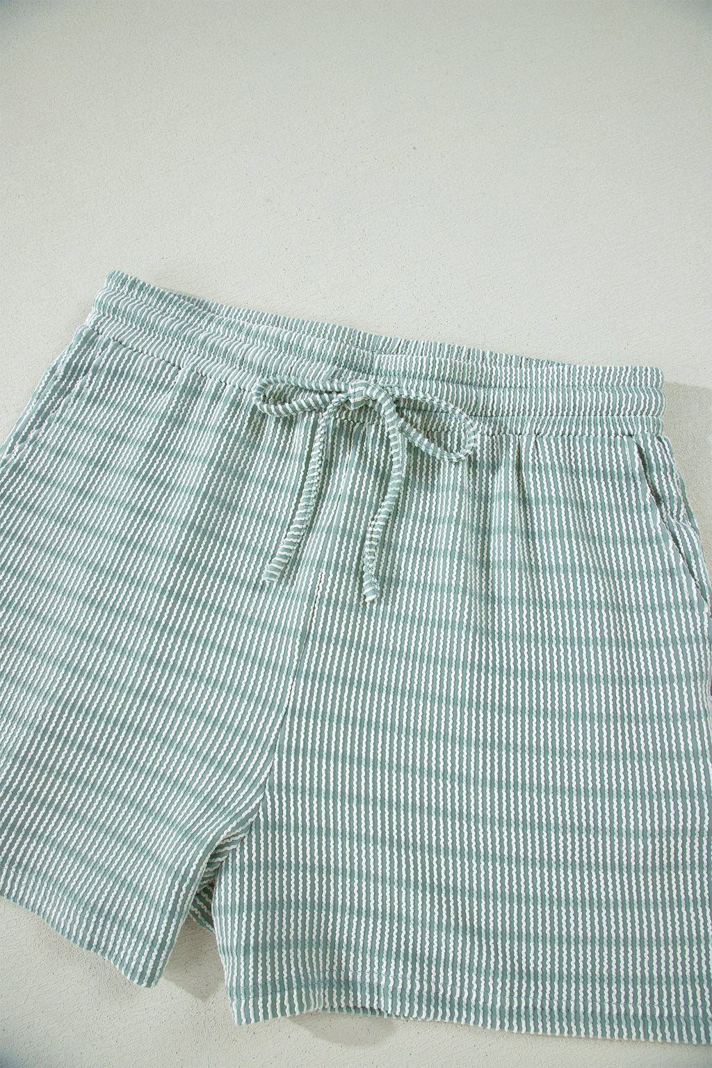 Striped Raised Rib Loose Tee Drawstring Elastic Waist 2pcs Short Set