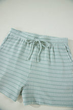 Striped Raised Rib Loose Tee Drawstring Elastic Waist 2pcs Short Set