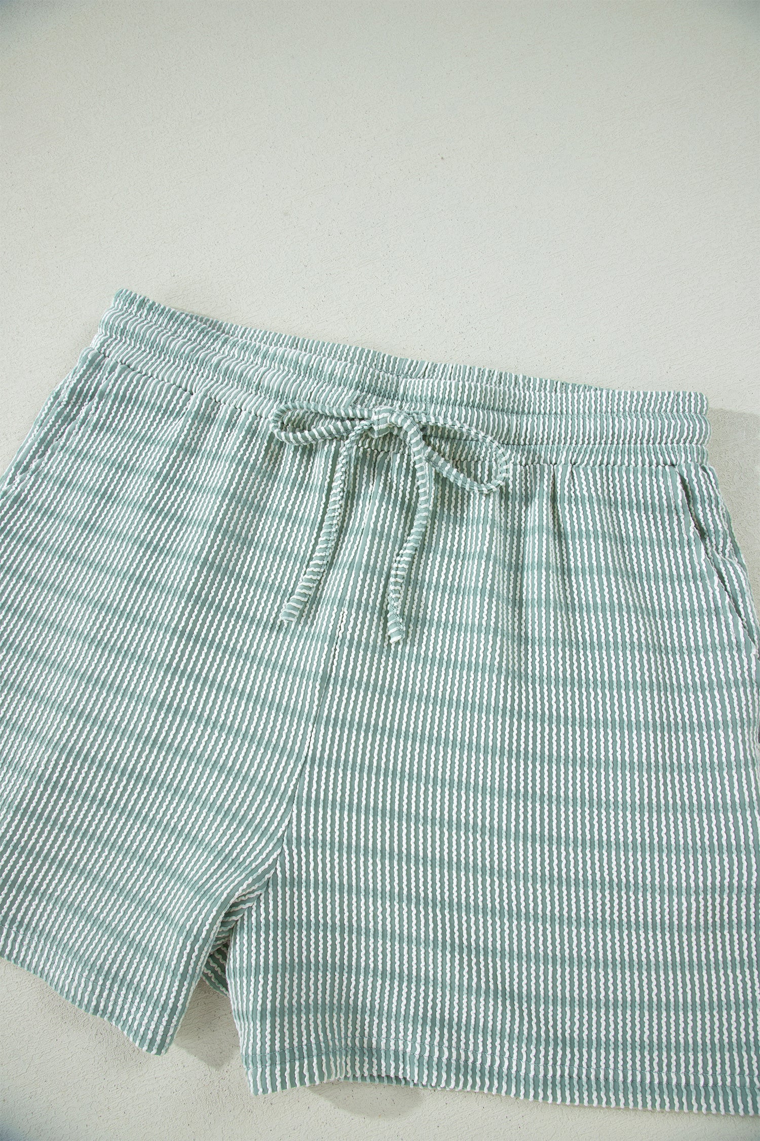 Striped Raised Rib Loose Tee Drawstring Elastic Waist 2pcs Short Set