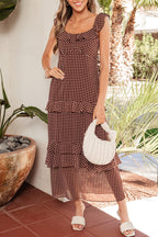 Coffee Polka Dot Print Backless Ruffled Tiered Maxi Dress