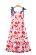 Floral Print Contrast Stitched Knot Denim Straps High Waist Dress