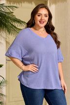 V Neck Short Sleeve Plus Size Waffle Knit Top