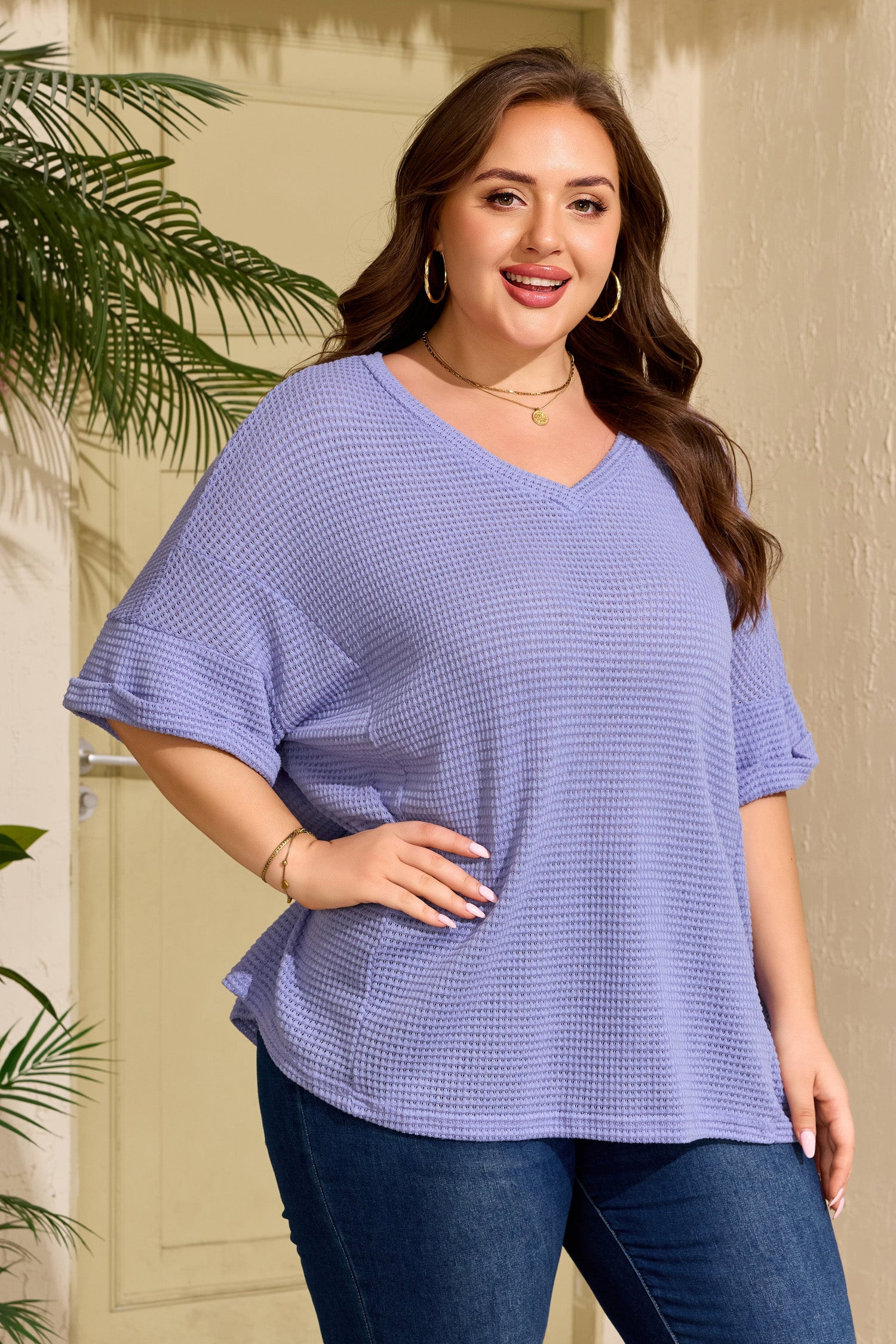 V Neck Short Sleeve Plus Size Waffle Knit Top
