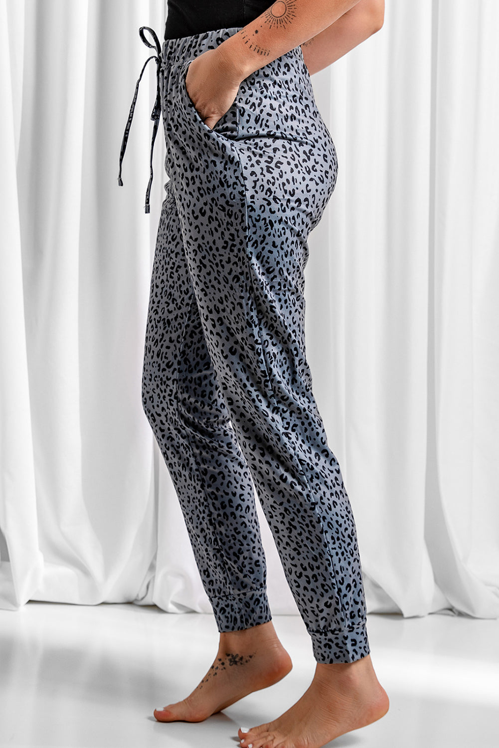 Grey Leopard Elastic Waist Casual Joggers