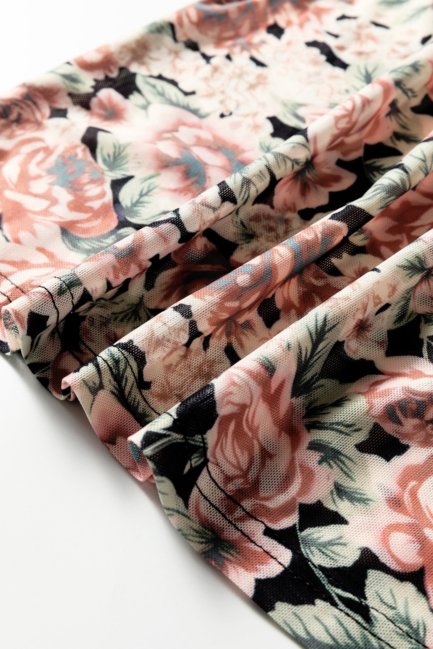 Retro Floral Print Mock Neck Mesh Long Sleeve Top