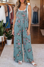 Floral Print Pleated High Waist Wide Leg Denim Jumpsuit