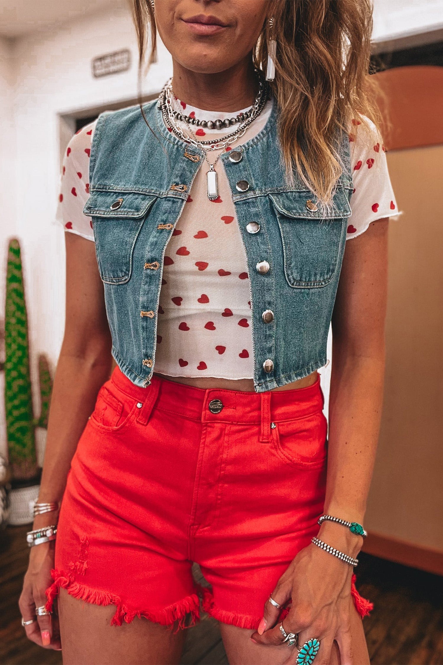 Allover Heart Print Mesh Short Sleeve Top