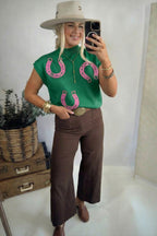 Corded Horseshoes Ribbed Trim Mock Neck Short Sleeve Sweater
