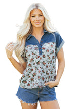 Grey Retro Floral Print Denim Patchwork Buttoned Polo Collar Top