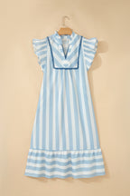 Sky Blue Stripe Subtle Lace Detail V Neck Ruffle Trim Casual Dress
