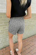 Grey Leopard Print Wrap Front Denim Shorts
