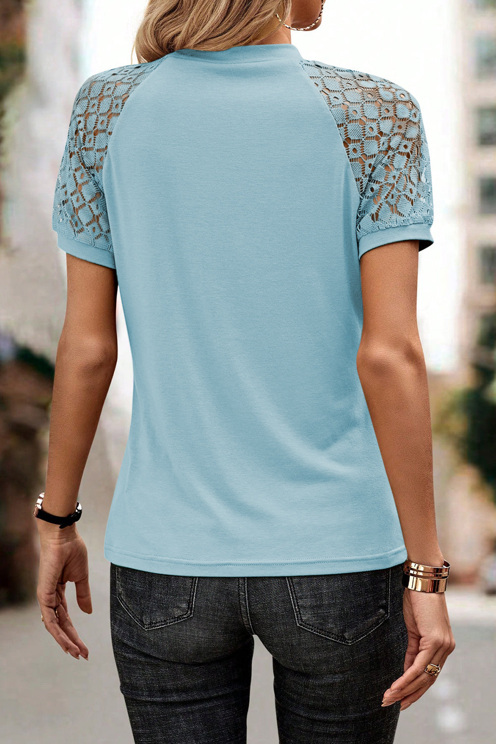 Seamed Detail Contrast Lace Raglan Sleeve Tee