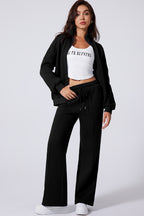 Drop Shoulder Zip Up Jacket Drawstring Pants Active 2pcs Set