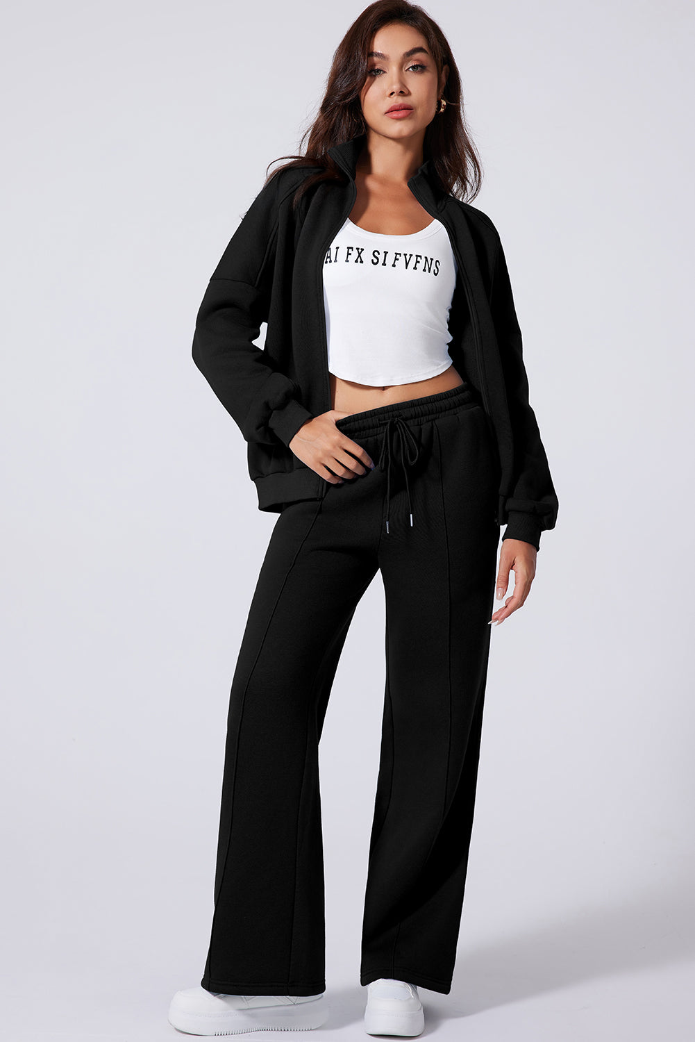 Drop Shoulder Zip Up Jacket Drawstring Pants Active 2pcs Set