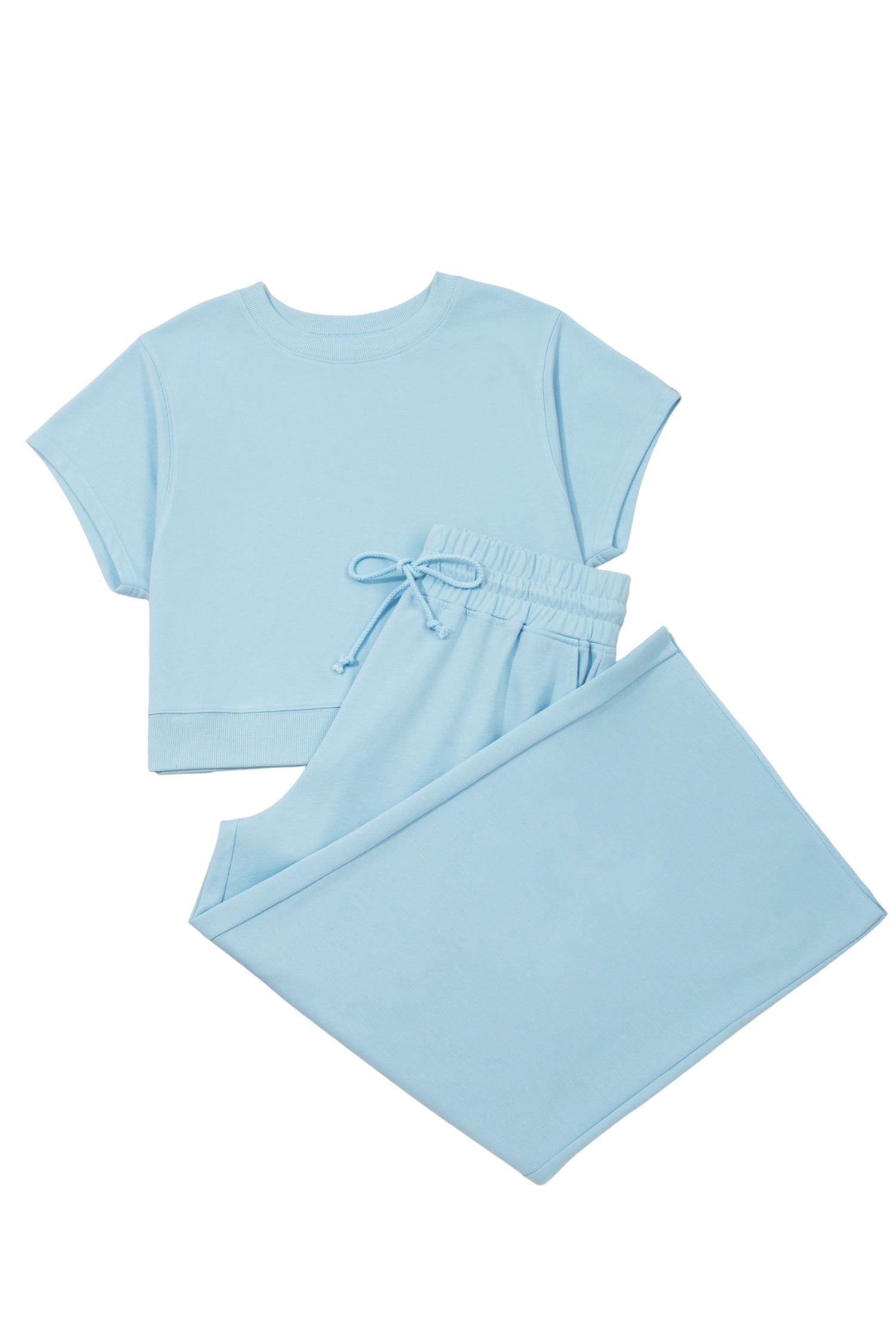 Solid Colour Ribbed Trim Short Sleeve Top Drawstring Loose Pants 2pcs Outfit
