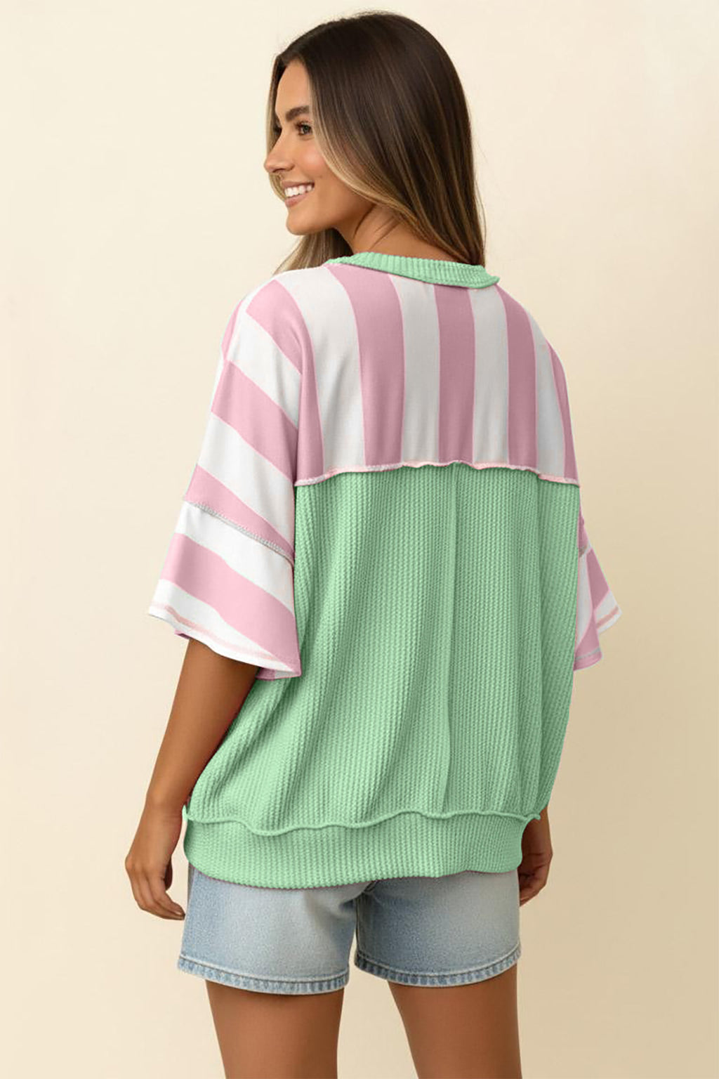 Striped Exposed Seam Ribbed Patchwork Oversized Tee