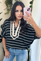 Black Stripe Stand Collar V Neck Elastic Cuffs Half Sleeve Dolman Top