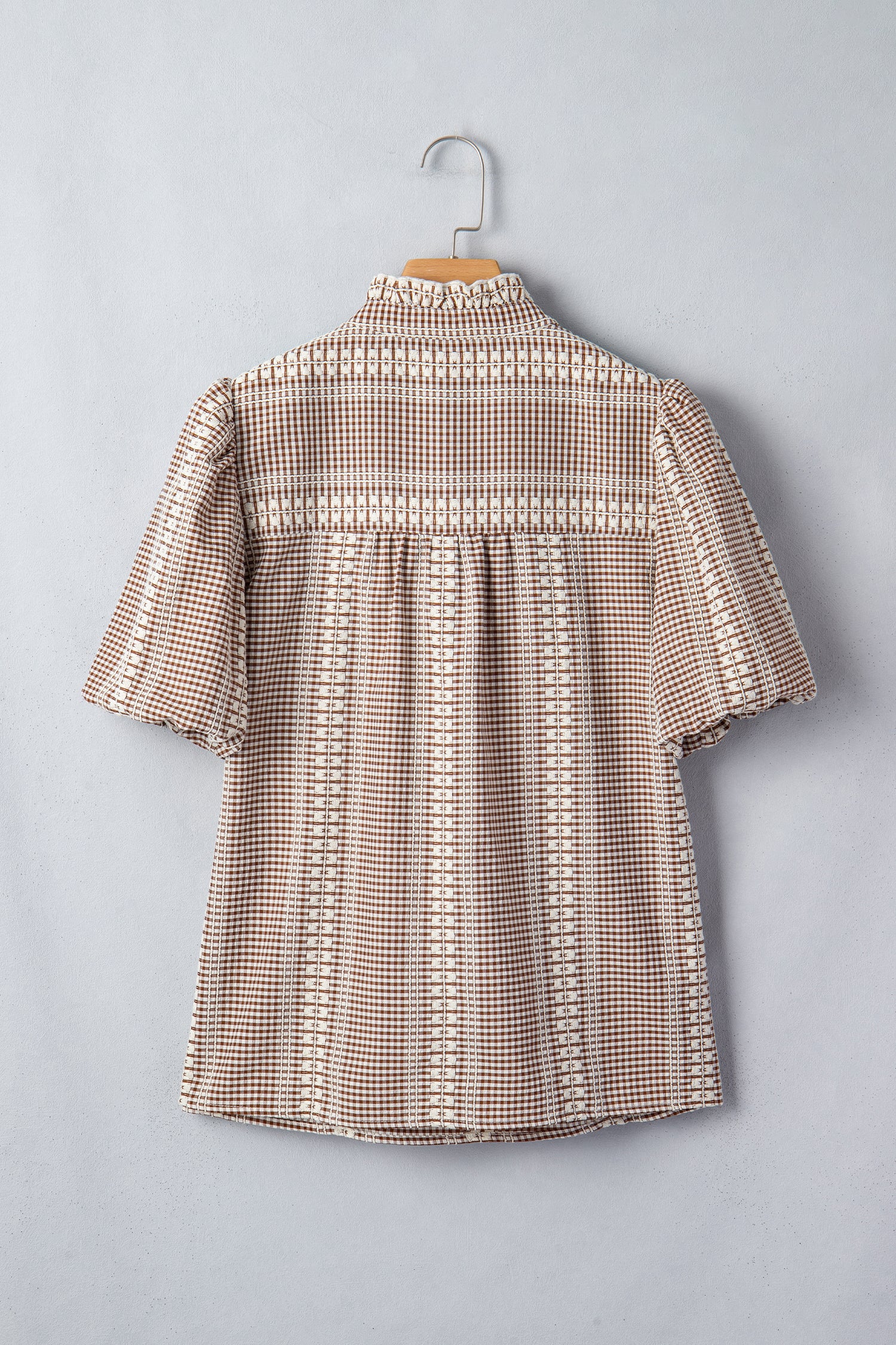 Western Pony Embroidered Yoke Puff Sleeve Gingham Blouse