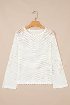 Scalloped Trim Hollow Out Knit Long Sleeve Top