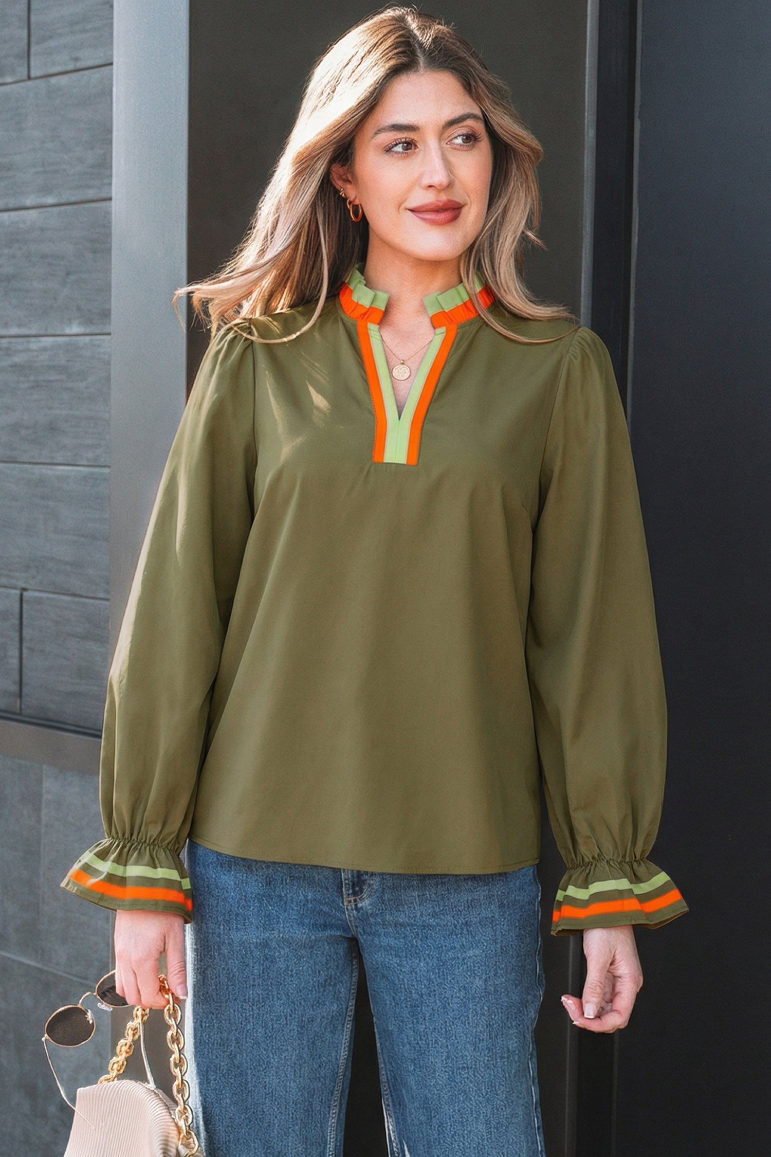 Striped Trim Ruffle Split Neck Long Sleeve Blouse