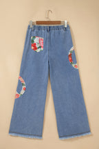 Myosotis Floral Peace Sign Embroidered Patch Wide Leg Jeans