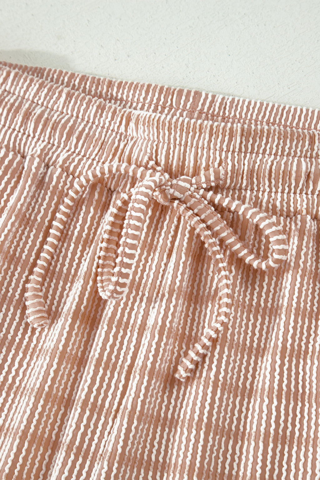 Striped Raised Rib Loose Tee Drawstring Elastic Waist 2pcs Short Set