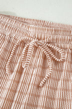 Striped Raised Rib Loose Tee Drawstring Elastic Waist 2pcs Short Set