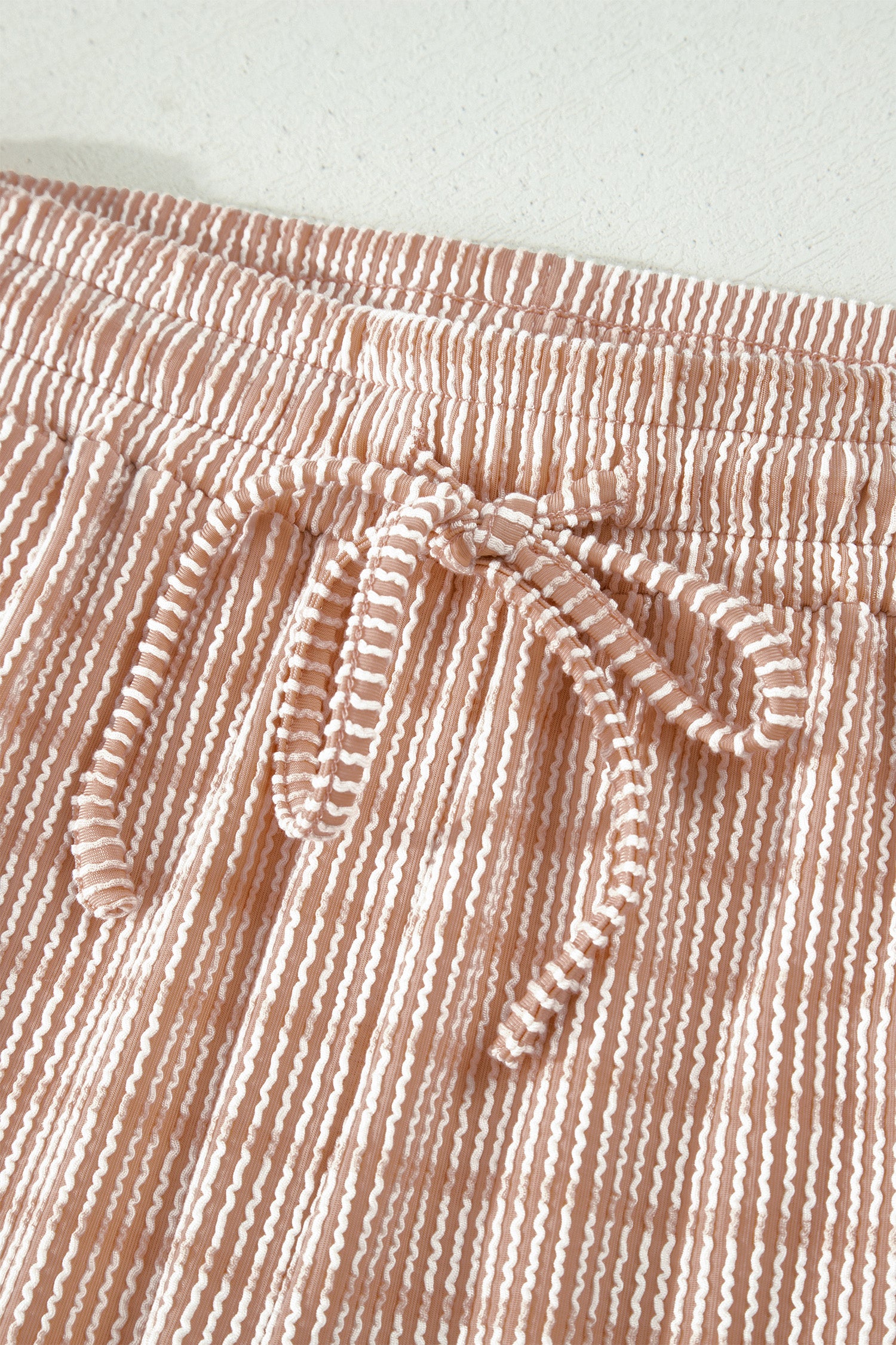 Striped Raised Rib Loose Tee Drawstring Elastic Waist 2pcs Short Set