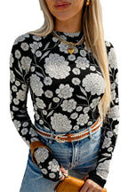 Thumbhole Long Sleeve Floral Print Mesh Top