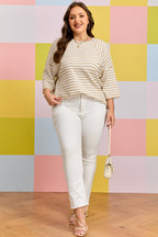 Striped Plus Size Textured Patchwork Detail Half Sleeve Top
