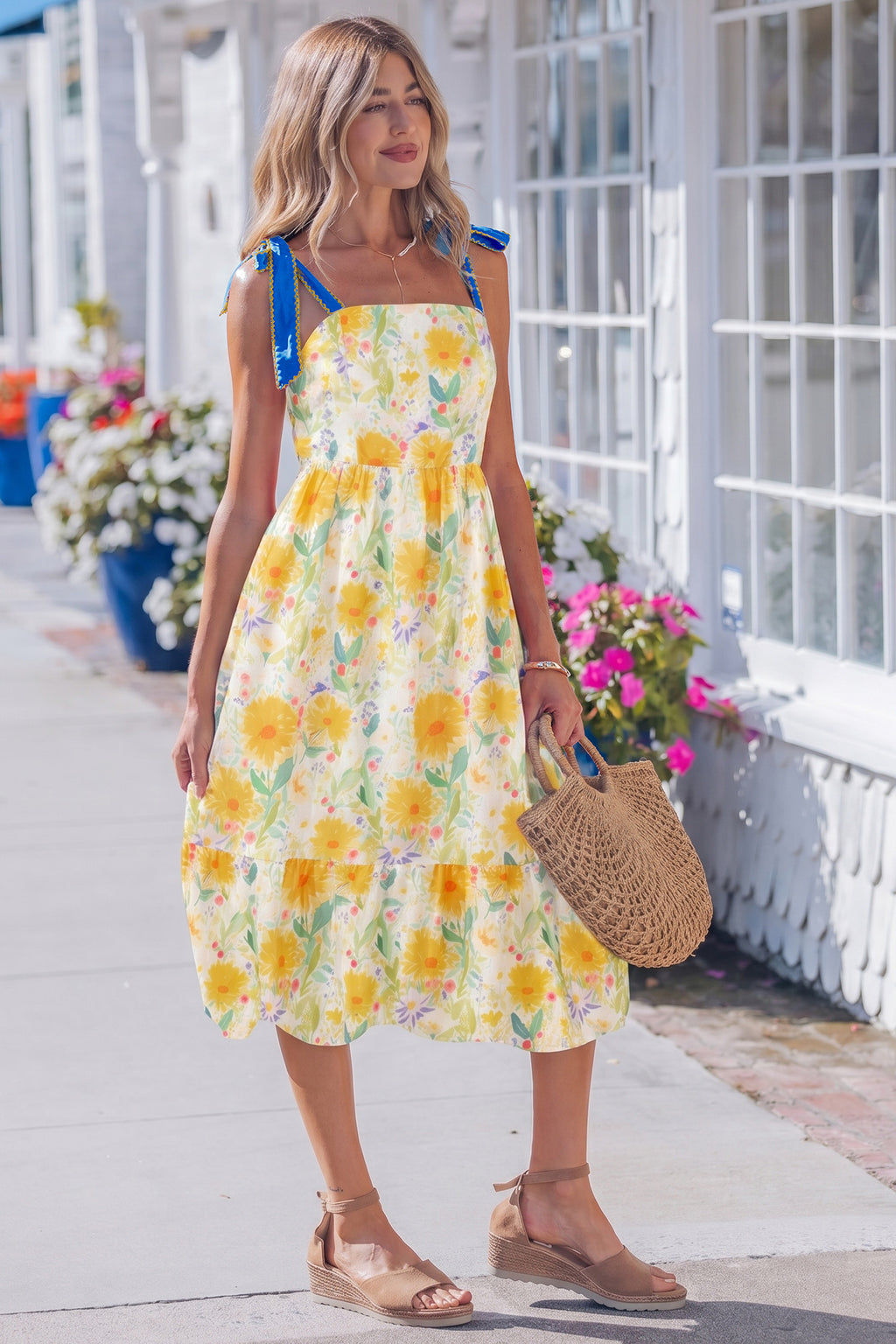 Floral Print Contrast Stitched Knot Denim Straps High Waist Dress