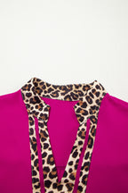 Violet Leopard Patchwork Trim Split Neck Short Sleeve Blouse