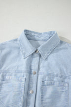 Sky Blue Stripe Collared Button Front Sleeveless Denim Mini Dress